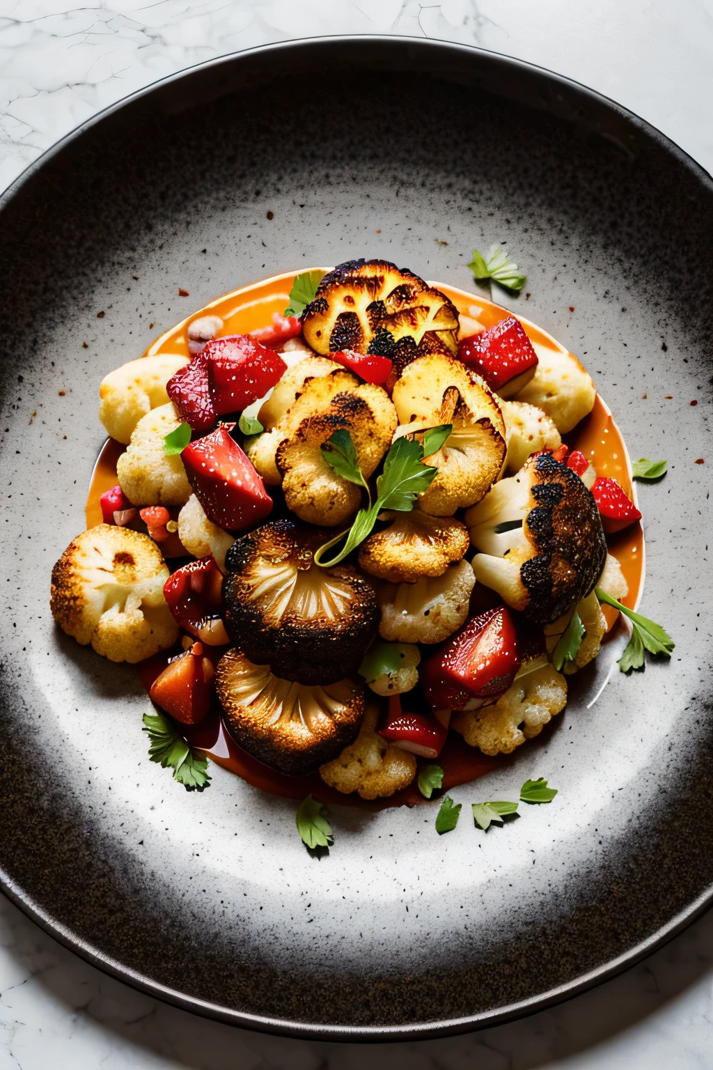 A plate of burnt cauliflower, strawberry, aji limo, saffron