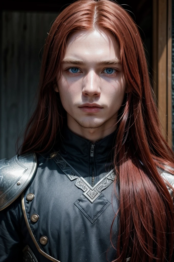 young man, Mediovale, long red hair, blue colored eyes, fancy, warrior