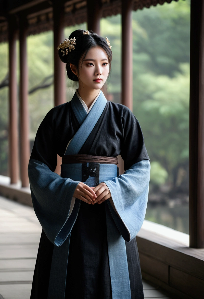 (Fidelity: 1.4), ((Black Hanfu)), Big Sleeves, Small Rings, Kan Tashi, Mole Under Eyes, Denim Lens, Bokeh, Perspective Shortening, Negative Space, Chiaroscuro, Depth of Field, Ray Tracing, Masterpiece, Anatomically Correct, Textured Skin, Best Quality, 8K, Ultra HD, Ccurate