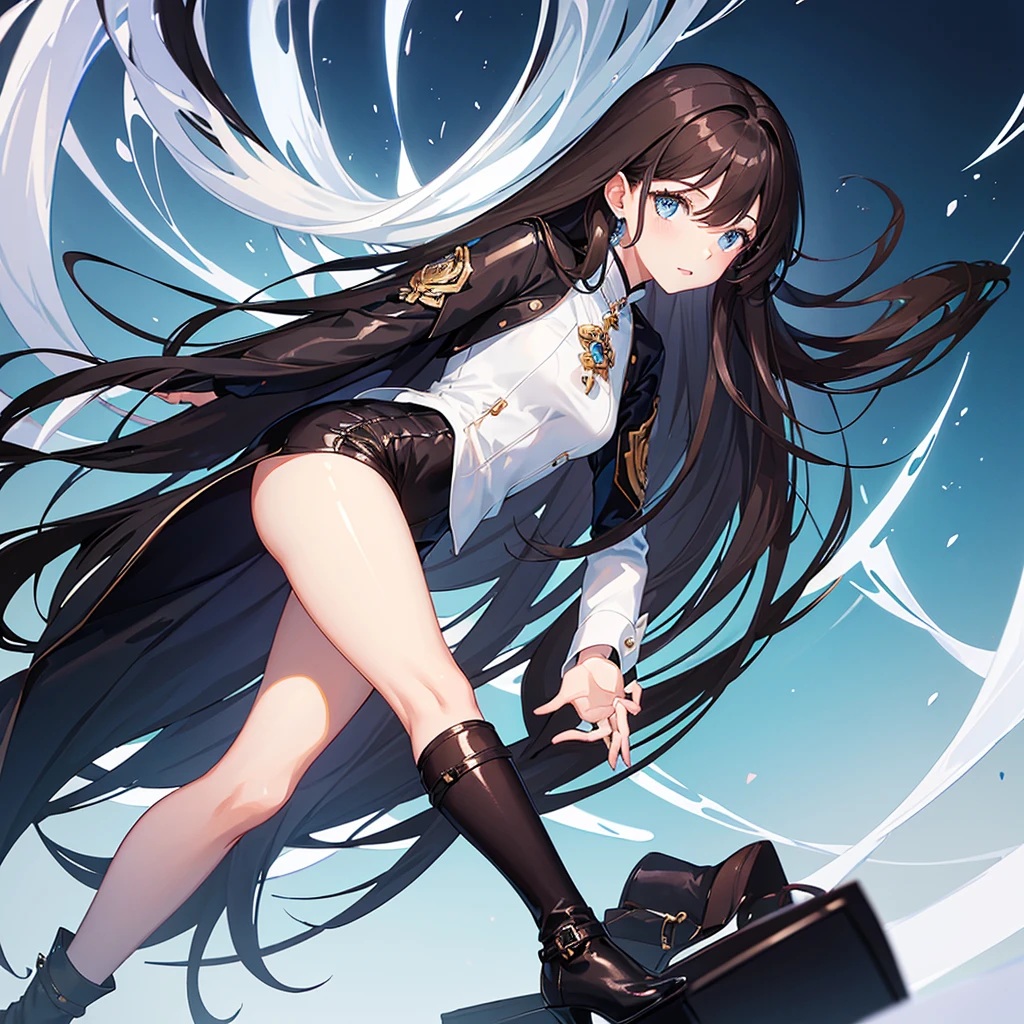 Woman with long, straight dark brown hair, blue eyes. She is wearing a long-sleeved white shirt with an open neckline, and high-waisted black leather shorts. Wear black heels. The style has to resemble that of genshin impact 