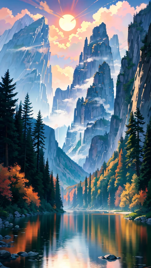 Stunning mountain landscape with a serene stream, Exquisite scenery artwork of an anime countryside, Anime landscape wallpaper showcasing a lovely valley, Anime beautiful peace scene with a full moon, Detailed anime scenery —width 672, Anime nature scene with Ross Tran's unique style, Scenic background of anime landscape, Anime nature wallpaper of a tranquil river, Anime scenery ideal for a peaceful atmosphere, Vivid colors and clean lines for ultra-detailed and realistic rendering, HDR, UHD, and studio lighting to accentuate the beauty of the scene, Attention to extreme detail in the moonlight, stream, and mountain peaks,