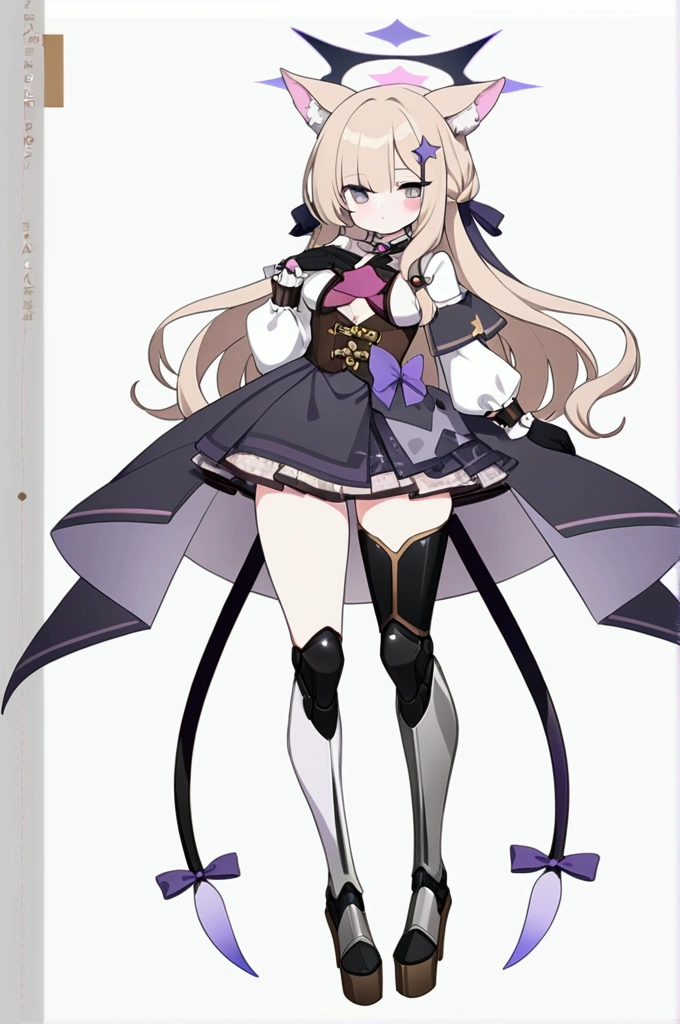 woman 170 cm tall. medium chest, wide hip, slim build, ((whole body)). (((character design sheet: front view))). (dark blonde hair, (hip-length wavy hair with asymmetrical bangs, star hairpin), (She has a short braid tied with an elegant purple ribbon on the left side of her hair above her chest). (She has a short braid tied with an elegant purple ribbon on the right side of her hair above her chest). She has small hair ties in the back of her hair..). ((Gray eyes with a pink 4-pointed star in the pupil)). Two black and purple fox ears located on the top of the head. (Luminous black halo with purple star patterns above his head). He has a black collar with a heart emblem on his neck.. (Elegant long one piece dress, thigh-length lace and ruffle skirt, ribbon decorations and star patterns on the dress). black gloves, Black platform heels. gray belt at the waist with a large ribbon with a luminous pink heart in the middle. (It has a beautiful succubus tail that ends in a small purple star at the tip..). (((It has complex mechanical legs that reach up to the thighs and are black with small purple details..))). beautiful detailed hair, beautiful detailed dress. extremely detailed arms. extremely detailed face, small face, Beautiful detailed eyes, beautiful detailed lips. adorable. extremely detailed legs. (Best Quality, 4k, high resolution), ultra detailed, Exquisite and epic character art, ((White background)). (Focus on symmetry).