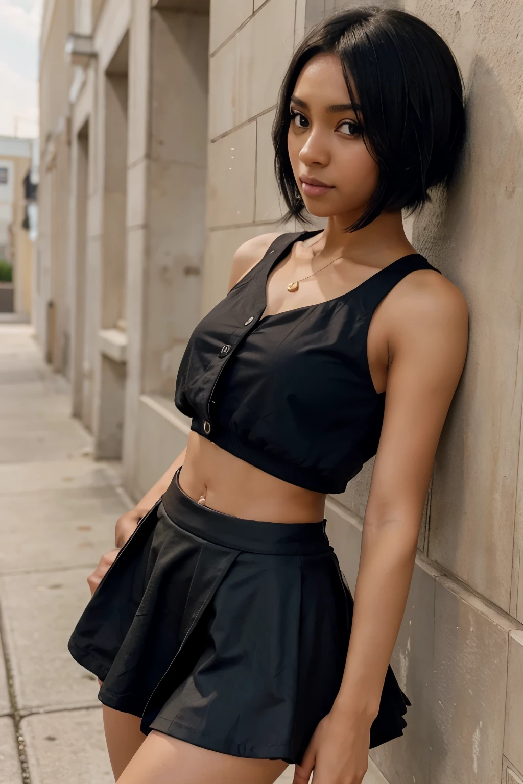 Anime girl dark skin crop top short skirt jacket shoulders showing black hair