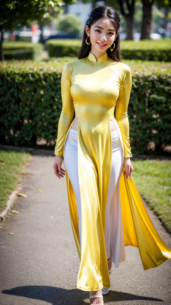 Detailed body, attractive body, perfect human body, realistic face,
(ultimate quality, masterpiece, highres:1.0), realistic:1.6, photorealistic,
[8k UHD photos, UHD high quality photos, Super detailed and super clear images],
Close-up of a Vietnamese girl two head with a detailed body, attractive body, perfect human body, realistic face,
(ultimate quality, masterpiece, highres:1.0), realistic:1.6, photorealistic,
[8k UHD photos, UHD high quality photos, Super detailed and super clear images],
Close-up of a Vietnamese girl with a beautiful face, tall and beautiful like a photo model,
, leggy, round face, big round eyes, Charming smile, Red lips, long curly eyelashes, big dimples, pointed chin, plump face, bright white skin, slim waist and long legs, wearing rings and earrings,
 Her face resembles Tuyet Linh, Tall and plump figure, wearing bright yellow ao dai, walking in the fashion show, sexy pose,
Super shiny bright yellow satin ao dai,