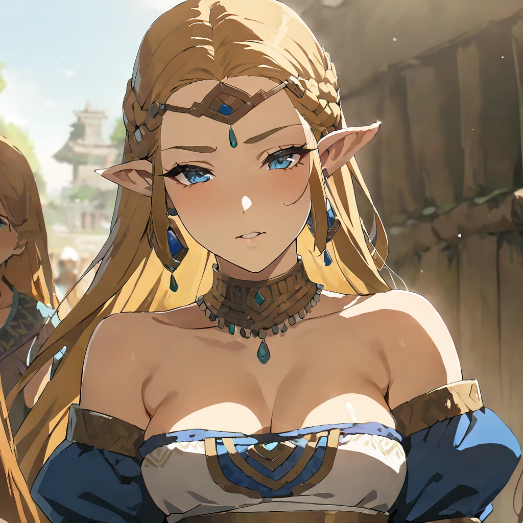 ((Highest quality)), ((masterpiece)), (detailed), （Perfect Face）、The woman is Queen Zelda of the Gerudo tribe, with blonde hair and blue eyes.、The woman is wearing the sexy, see-through traditional costume of the Gerudo tribe.、The woman happily offers herself to her beloved King Ganondorf, sexually serving him with both body and soul.