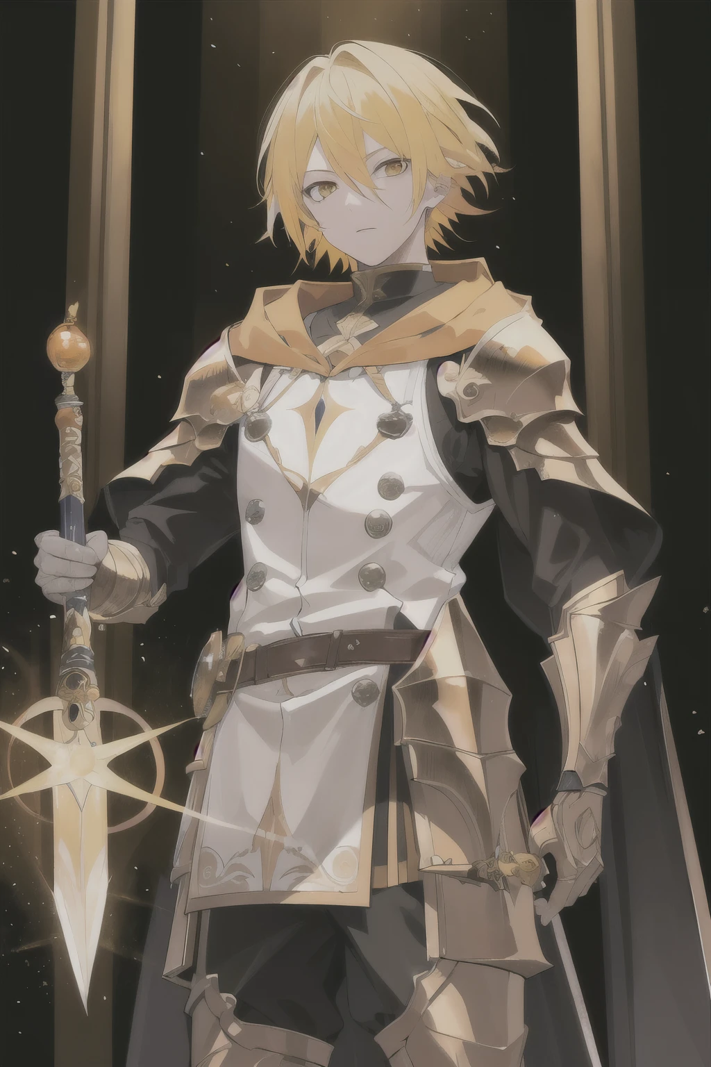 Realistic artwork, male 1, blond hair, light blue eyes, pointed nose, fair skin, parted hair with strands falling across his forehead, cool expression, medium build, white shape, white pants, gold accessories on uniform , obsidian-colored cape, black boots, a spear with religious symbols on his left arm, luminescent eyes, scar on his neck