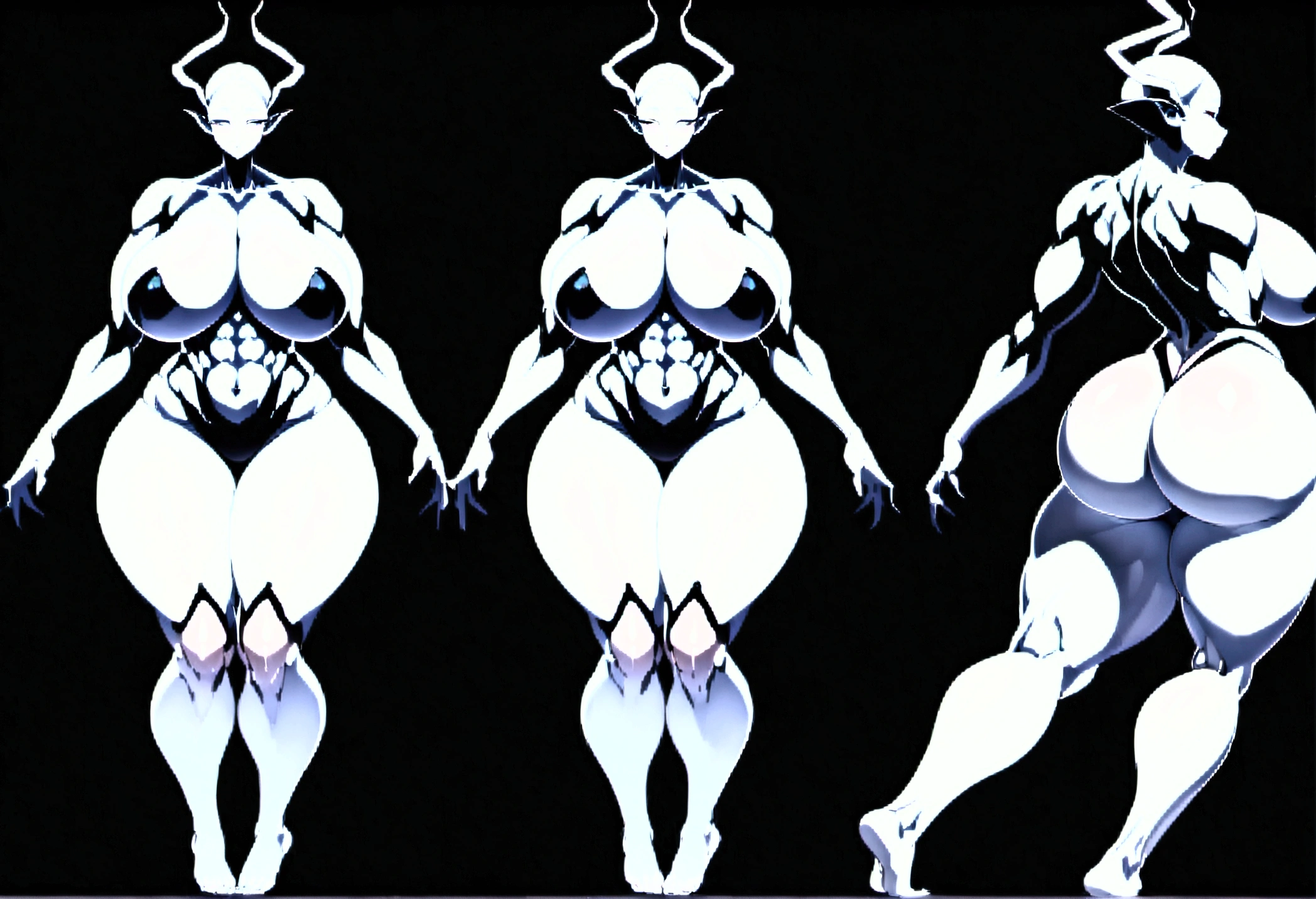 (Same character, front, side, back), (full body), generative front view, generative side view, generative back view, 3 view, female alien monster, extremely detailed, character reference sheet, black background, Extremely huge breasts, wide hips, huge ass, large thigh gap, Maternal, porcelain skin, sparkly skin, NSFW, thick thighs, curvy body, Massive Breasts, thin, muscular, thin waist, abs, Bare feet, long antennas, chitin covered thighs, chitin covered legs