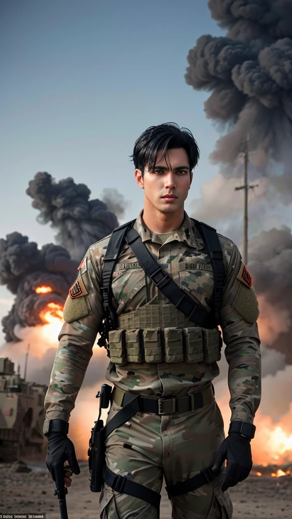  A sexy male army soldier, homoerotic, handsome face,black hair,war like situation,bomb blasts in background, masterpiece, cinematic 