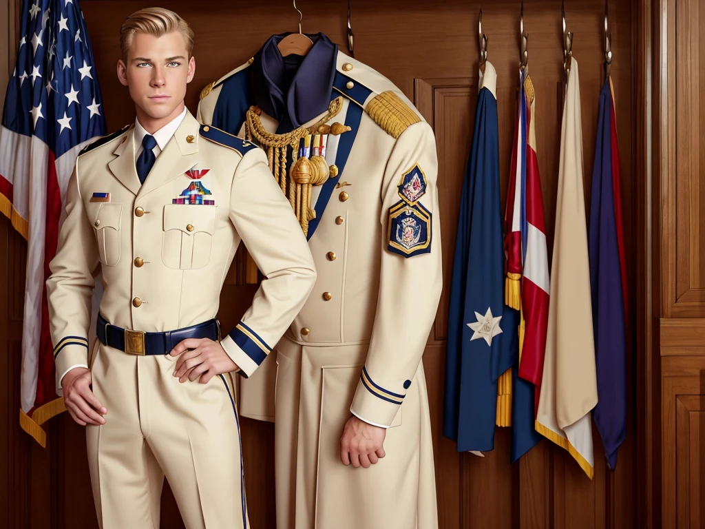 : Leyendecker style illustration : A handsome blond guy, 17 years old, looks at the ceremonial officer's uniform of a "Navy Seal" with awards, which hangs on a suit hanger standing on the floor, and engages in masturbation. Watching him from behind is a naked, blond, muscular Navy SEAL officer, 35 years old, handsome and arrogant. The officer has a big dick, an erection, and a boner.