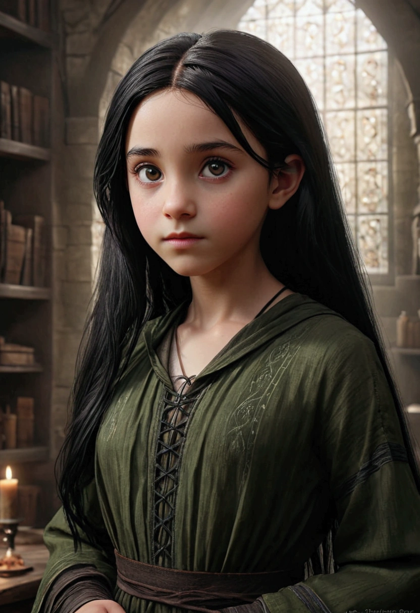 daughter of severus snape, (best quality,4k,8k,highres,masterpiece:1.2),ultra-detailed,realistic,portrait of a beautiful 10-year-old teen with black hair, 1girl in、AS-Adult、elvish、Forester、（small tits）Upper body portrait、
