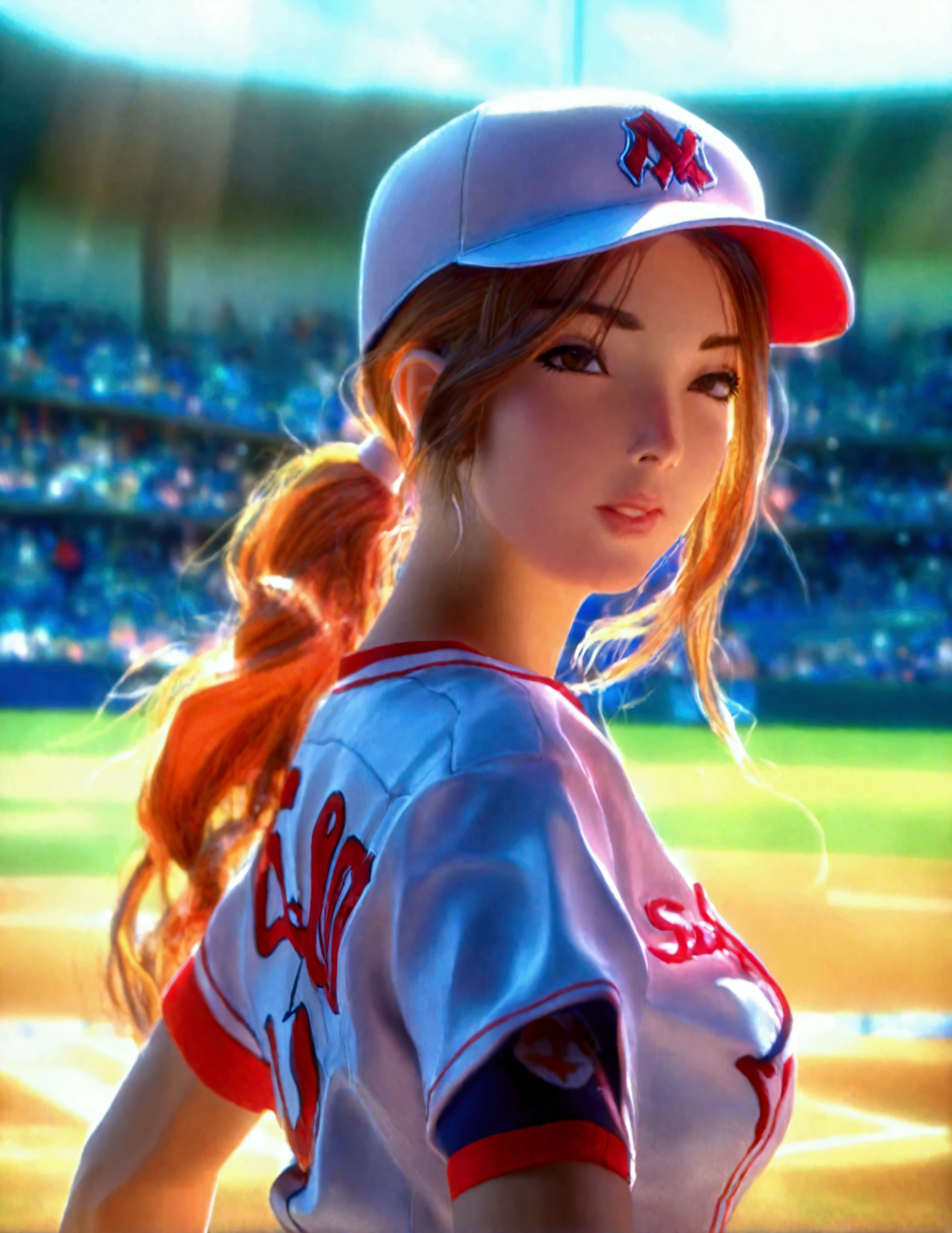a cute woman in a sexy baseball uniform with her hair in a ponytail, sliding into 3rd base, entire body visible, camera angle low to the ground, highly detailed, photorealistic, 8k, best quality, masterpiece, ultra-detailed, sharp focus, physically-based rendering, extreme detail description, vivid colors, professional