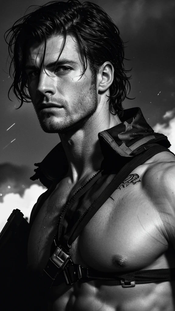 a handsome muscular military soldier, black messy hair, intense military eyes, sensual lips, shirtless, war-torn battlefield, explosions, cinematic dramatic lighting, (best quality,8k,highres,masterpiece:1.2),ultra-detailed,(realistic,photorealistic,photo-realistic:1.37),cinematic,chiaroscuro,dramatic,gritty,dark,moody,powerful