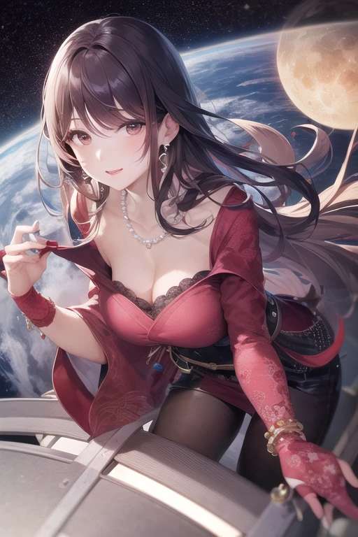Beautiful mature Japanese woman aged 55, Long eyelashes, Super long hair, Red lipstick, Pink Cheeks, Pearl Necklace, Earrings, Dark eyeshadow, Large Breasts, Spacesuit, moon面, moon, Floating in zero gravity