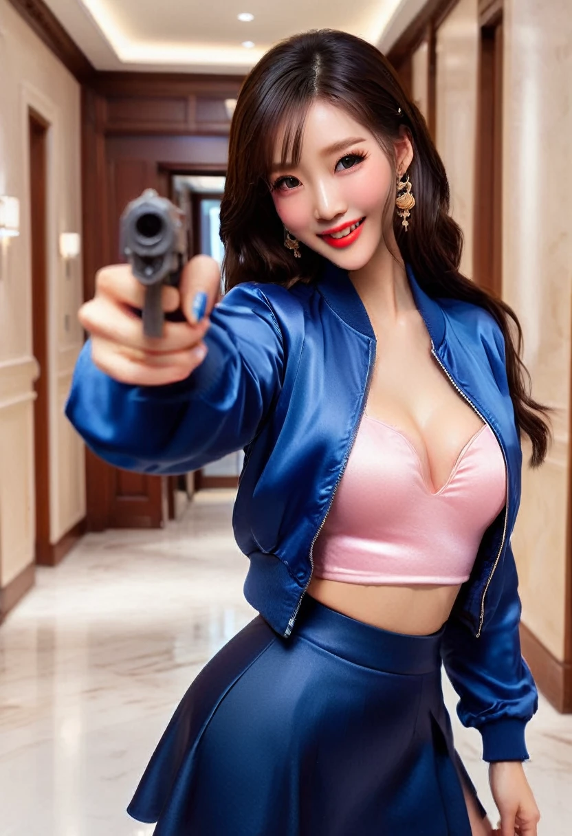 Half body photo, 1 beautiful Asian girl; coy smile, royal blue satin bomber jacket; (holding a pistol in in her hands:1.4), black satin skirt,, long hair,wearing jewelry, natural makeup, extremely detailed eyes and face, lovely smile, delicate blush, sensuous lips, intricate facial details, perfect skin, flawless skin texture perfect, ; standing in a long hallway with many doors, evening lighting, vivid colors, , subtle , dreamy, luxurious atmosphere, low lighting; Super high quality, surreal, 8K, high resolution, masterpiece, detailed, extremely magical, professional cinematic lighting, , vibrant colors; Fine brushstrokes,ethereal vibe,mesmerizing gaze,dreamy atmosphere,blending elegance,subtle color gradients,,understated beauty. In the background several men lay unconscious on the hallway floor
