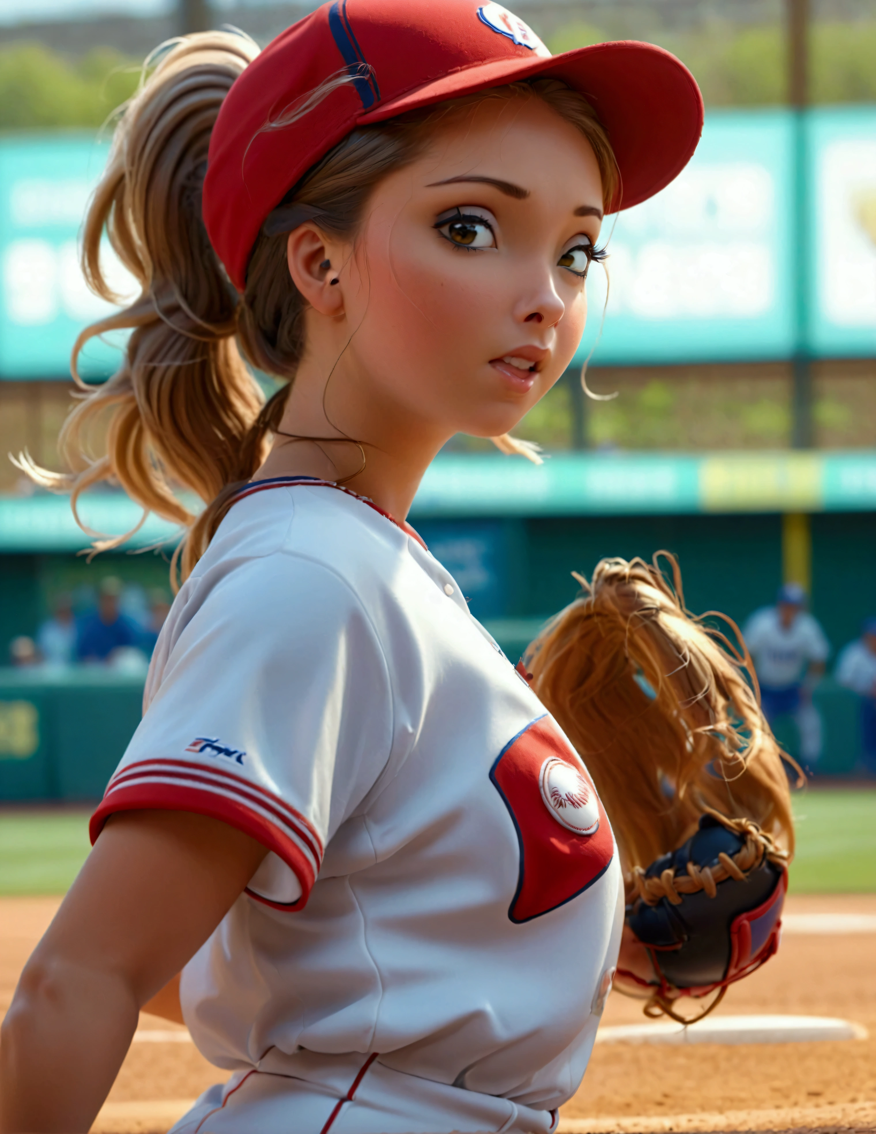 a cute woman in a sexy baseball uniform with her hair in a ponytail, sliding into 3rd base, entire body visible, camera angle low to the ground, highly detailed, photorealistic, 8k, best quality, masterpiece, ultra-detailed, sharp focus, physically-based rendering, extreme detail description, vivid colors, professional
