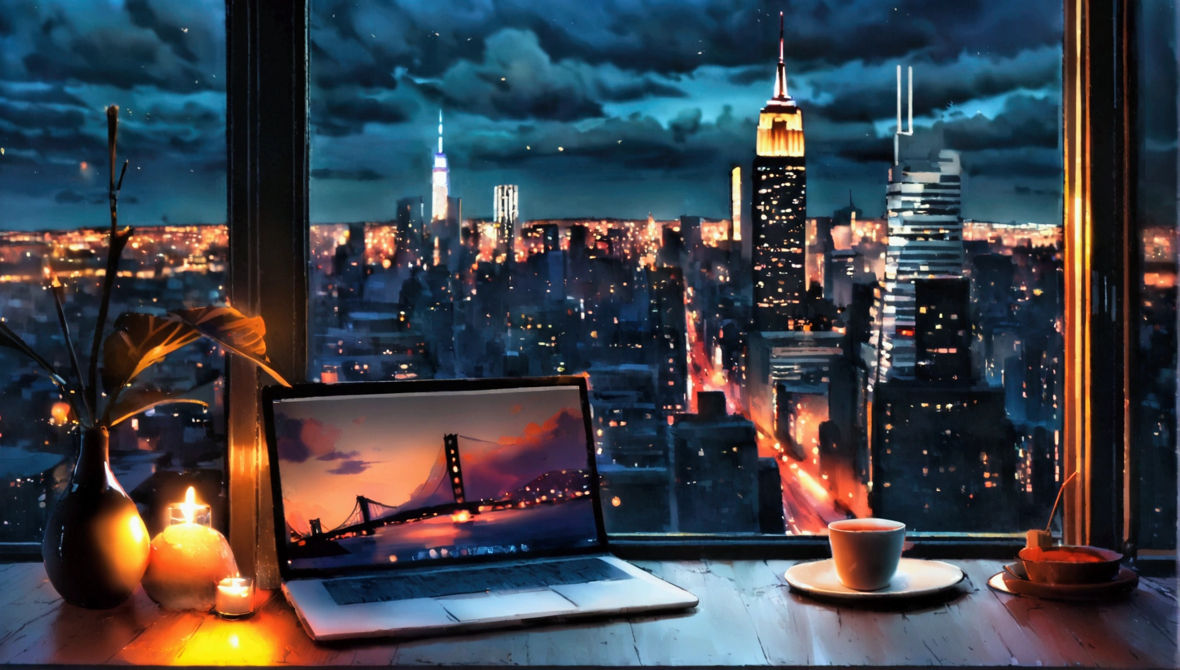 Unattended, night, New York, cozy study desk, Large windows overlooking beautiful cityscape, (Looking at the scenery), cafe, laptop