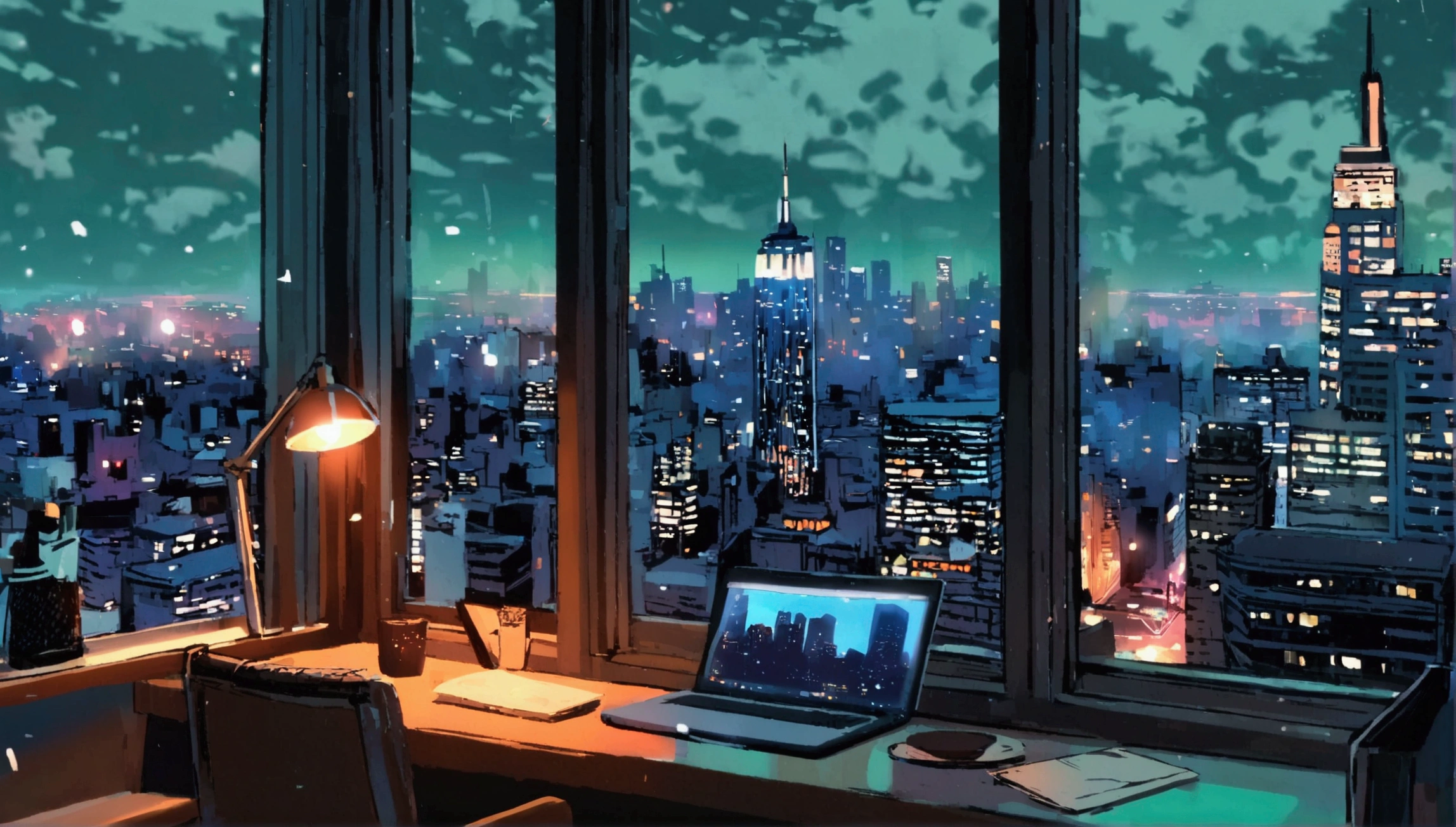 Unattended, night, New York, cozy study desk, Large windows overlooking beautiful cityscape, (Looking at the scenery), cafe, laptop