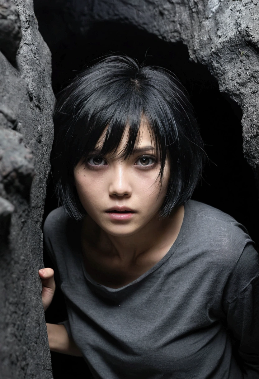 1girl, short black hair messy, black eyes, psycho look, gray haze around, peeking out upper body, dark cave, Ripped clothes, 16k