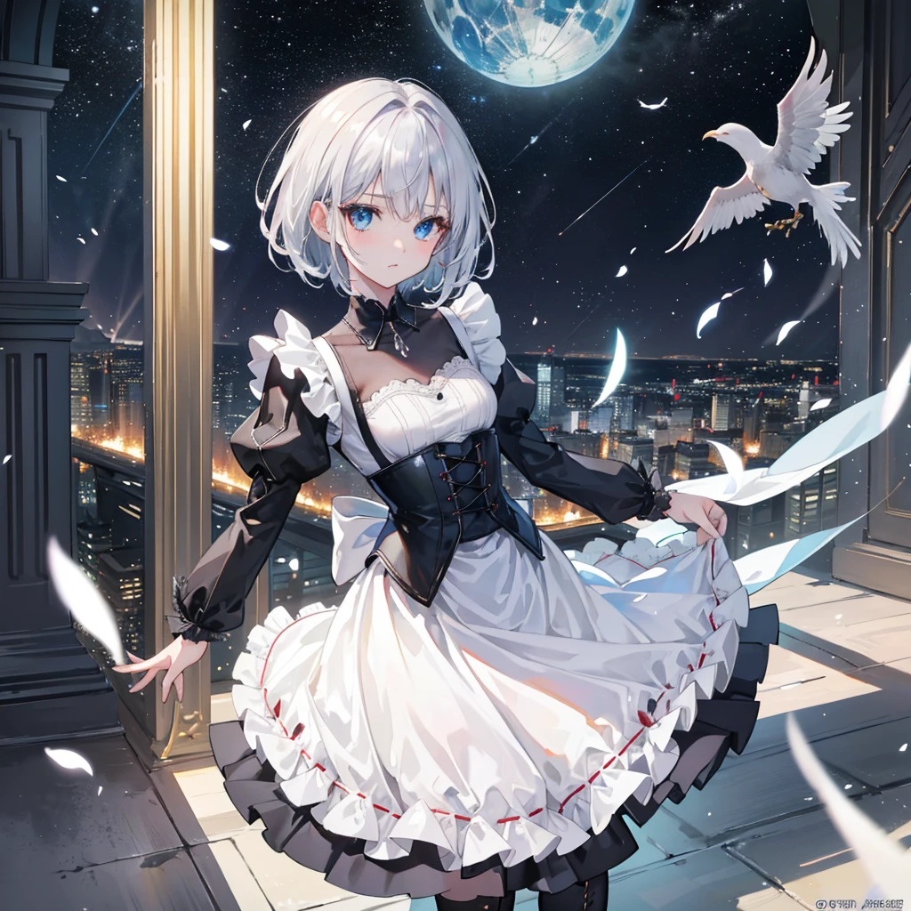 Overhead camera angle, (masterpiece:1.6, Highest quality), (Fine and beautiful eyes: 1.2), Fiami, Yaminor, Ranpura, One girl, Flower Field, White Dress, planet, Starry Sky, petal, scenery, Floating Hair, night, No sleeve, Sun skirt, No sleeve dress, Illustration of one person, Dengeki Bunko, Woman Looking Back, Perfect Human Medicine, Woman keeps falling, {{{{{Maid clothes}}}}},Small Tits,anime, Two legs, Cool,{{{{{50 year old woman}}}}} ,{{{{{a person is depicted}}}}},(Official Art、{{{{{Upper Bodyアングル}}}}},Highest quality、Unity 8k wallpaper、32k、masterpiece、Ultra-detailed、Ultra-high resolution, Realistic、Grab your hair with your hands, Photorealistic:1.2)、(Cinema Lighting:1.2)、,Fire Glow Effect、The most grainy shadows on the film、Rim Light、Side light、Side Shot、(Ultra-detailedで複雑な3Dレンダリング)、Very short hair, Short wolf hair,細部までBeautiful Faceと目、Sharp pupils、Realistic生徒、Slender、Highly detailed background、Beautiful Face、Beautiful 16 year old girl、(Ultra-detailedなスキン、Detailed skin texture:1.Silver Hair:1.3)、Blunt bangs、blue eyes、{{{{{黒いMaid clothes}}}}}、White apron costume、Black knee socks、(Thighs Thighs Thighs Thighs:0.8)、Dancing on the Tower Roof、(avert your eyes、Overlooking the city:1.3)、Fantastic、Close your mouth and bite, Makes your face smaller, (Tabletop), Highest quality, Perfect Face, 1 Girl, alone, Eye color is light blue, Hair between the eyes, Very Short Hair, blue eyes, Silver Hair, Knee-high boots, corset,Black gloves, Long sleeve, Upper Body, Light and multiple flying birds,