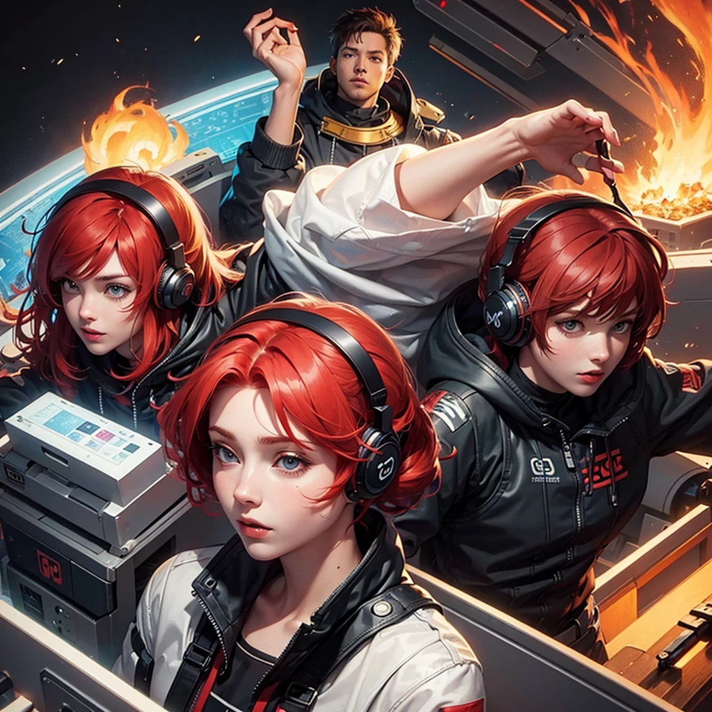 ((high qualiy)), ((cartoon)), Red haired woman, Caucasian skin, with gaming headphones