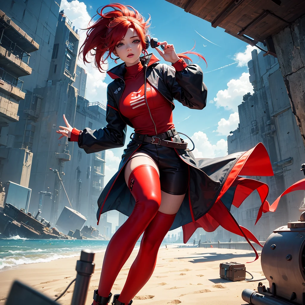 ((high qualiy)), ((cartoon)), Red haired woman, Caucasian skin, with gaming headphones