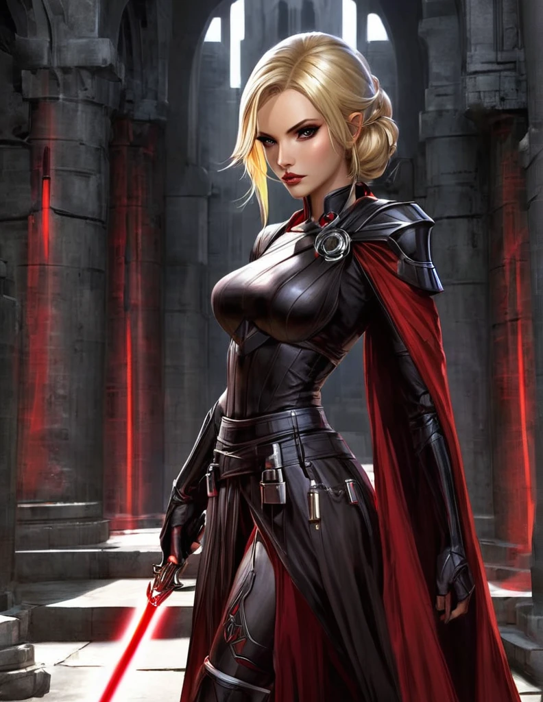 Une femme aux cheveux longs blonde, seule, apparence sensuelle, seigneur sith, inspiré de star Wars old republic, en armure moulante noir, marche dans des ruines d'un temple sith de koriban sombre, sabre laser rouge en main, a un regard fort, des yeux doré, un visage doux et autoritaire , démarche gracieuse, courbes parfaite pour le corps en sablier, hanche ronde en forme de coeur.