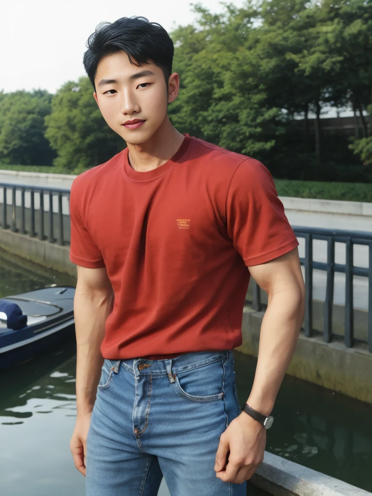 ((realistic daylight)) , Young Korean man in a navy blue t-shirt and jeans., A handsome, muscular young Asian man looks at the camera. In a simple t-shirt blue and red , Along the canal ,turn sideways