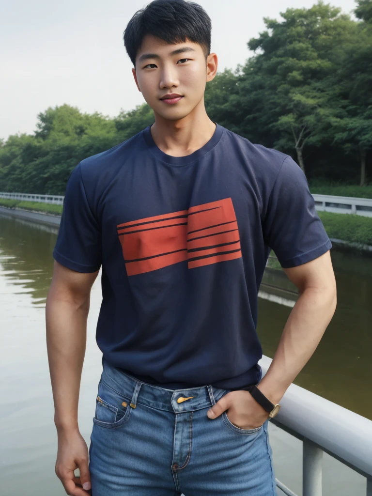 ((realistic daylight)) , Young Korean man in only a black sports shirt, no stripes, and jeans., A handsome, muscular young Asian man looks at the camera.  , In a computer shop ,turn sideways, smile