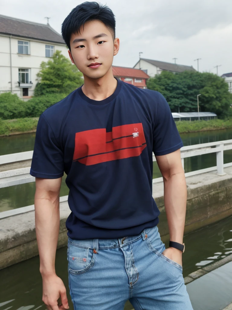 ((realistic daylight)) , Young Korean man in a navy blue t-shirt and jeans., A handsome, muscular young Asian man looks at the camera. In a simple t-shirt blue and red , Along the canal ,turn sideways