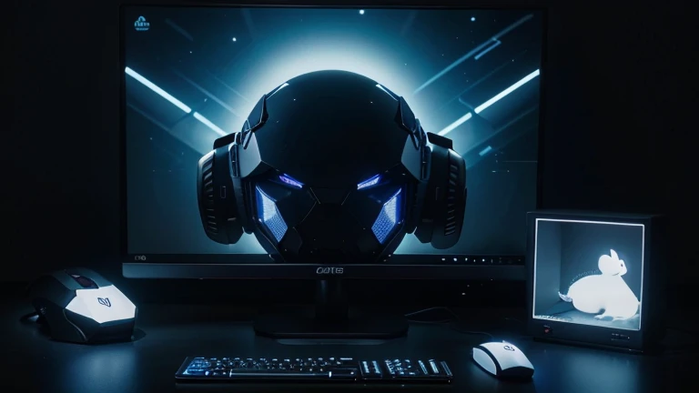 PC monitor in the center of the screen, in front a keyboard, to the right of the keyboard a mouse, all illuminated by LED lights, gamer PC, dark blue background