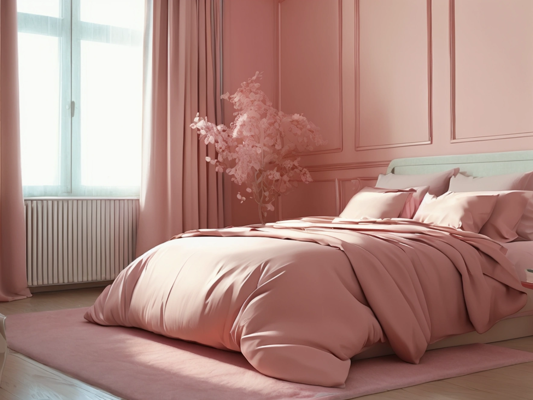 Wide Shot, Realistic photo of pastel bedroom
