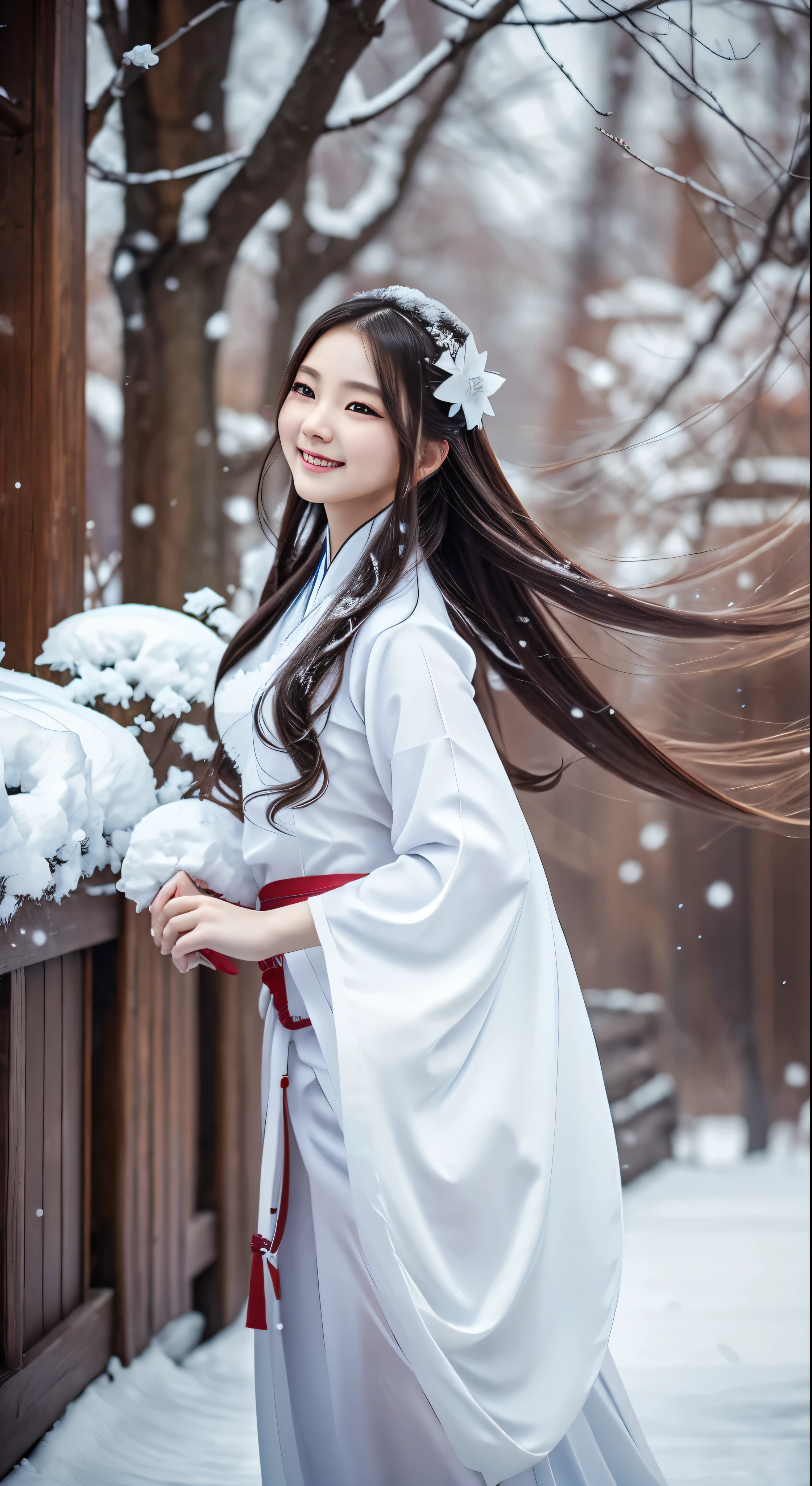 Best quality, 4K picture quality, 1girl, white Hanfu, snow, long hair fluttering in the wind, healing smile, large aperture, blurred background
