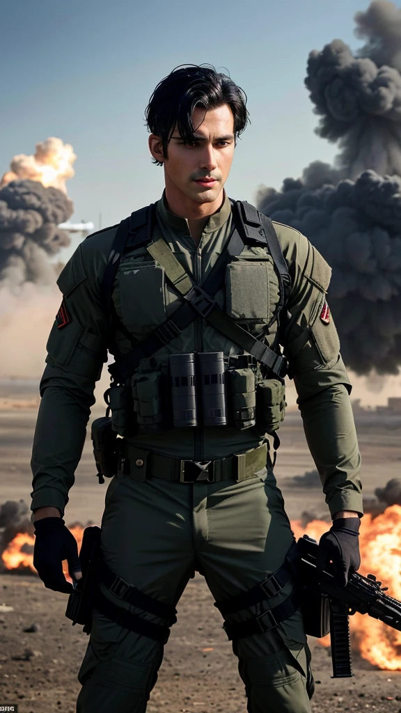 A sexy army man , homoerotic, handsome face,black hair,war like situation,bomb blasts in background, masterpiece, cinematic