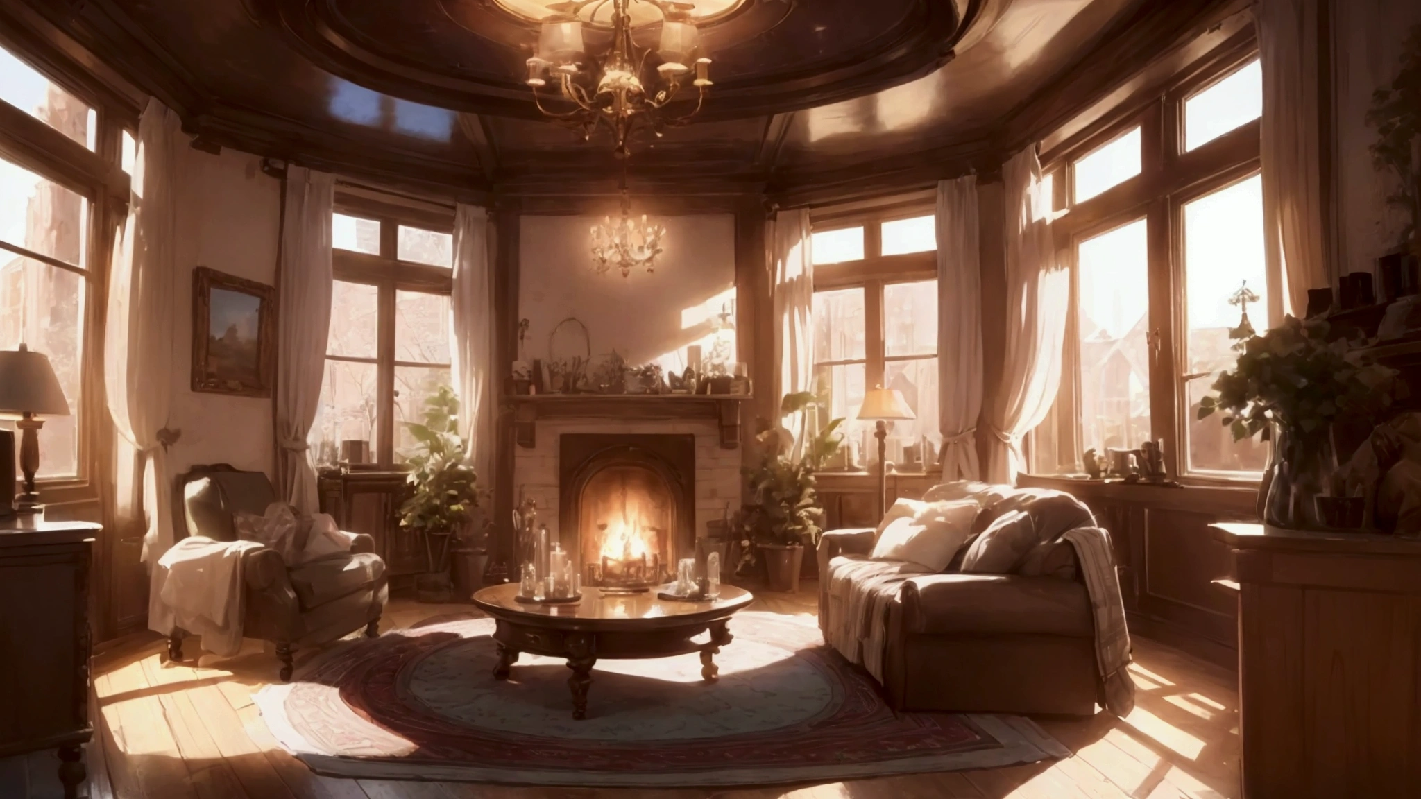 there is a living room with a circular window and a fireplace, concept art by senior environment artist, cg society contest winner, maximalism, cozy place, relaxing concept art, cozy environment, cozy and peaceful atmosphere, comfy ambience, relaxing environment, cosy enchanted scene, cozy atmosphere, cozy room, 8k vray render, designed for cozy aesthetics!, pleasant cozy atmosphere