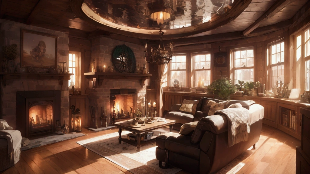 there is a living room with a circular window and a fireplace, concept art by senior environment artist, cg society contest winner, maximalism, cozy place, relaxing concept art, cozy environment, cozy and peaceful atmosphere, comfy ambience, relaxing environment, cosy enchanted scene, cozy atmosphere, cozy room, 8k vray render, designed for cozy aesthetics!, pleasant cozy atmosphere