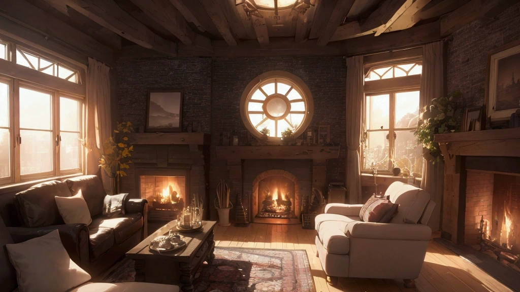 there is a living room with a circular window and a fireplace, concept art by senior environment artist, cg society contest winner, maximalism, cozy place, relaxing concept art, cozy environment, cozy and peaceful atmosphere, comfy ambience, relaxing environment, cosy enchanted scene, cozy atmosphere, cozy room, 8k vray render, designed for cozy aesthetics!, pleasant cozy atmosphere