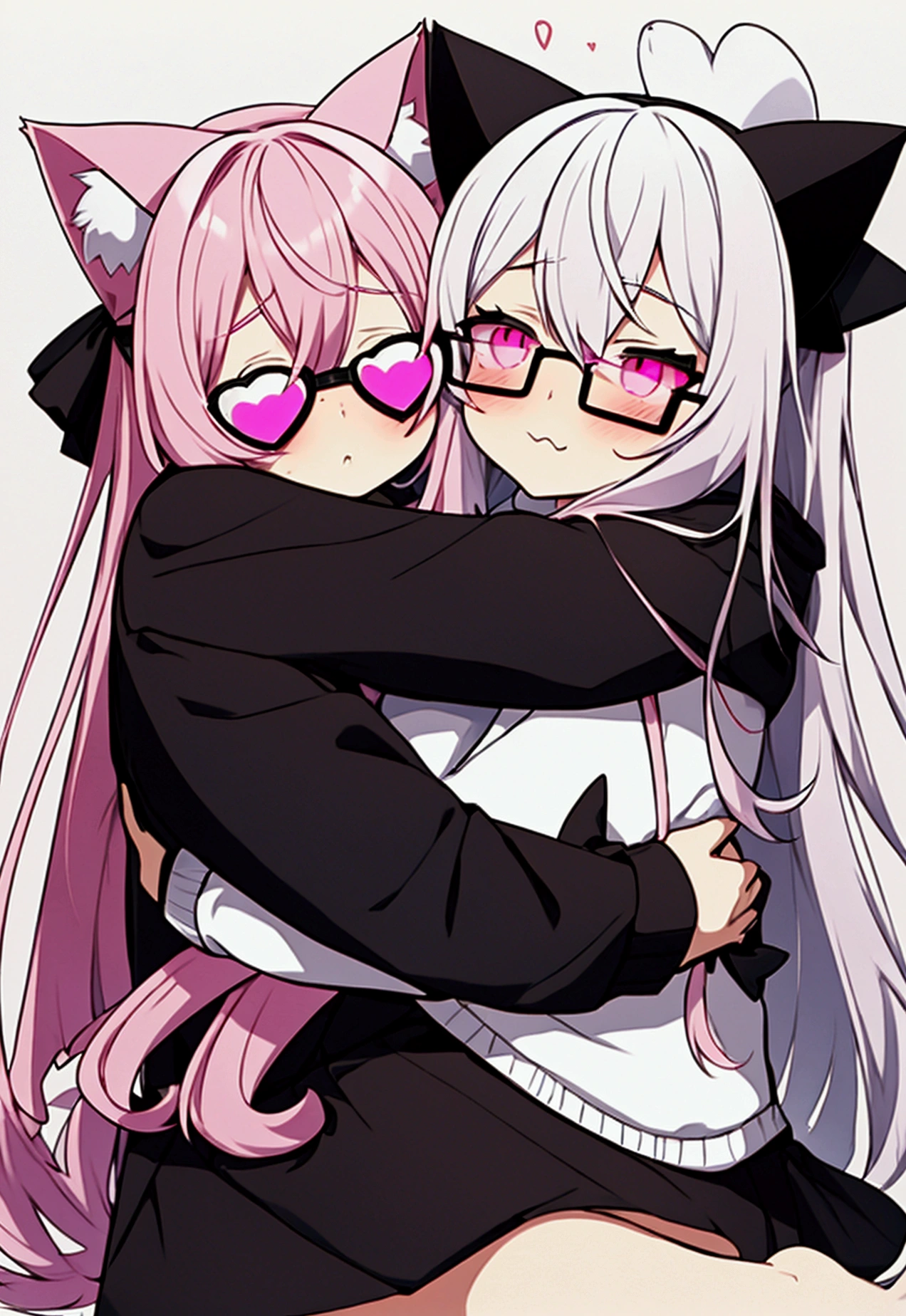 I have white pink hair, cat ears, a bow, my face is super blushing, black glasses, pink heart eyes, a big pink sweatshirt, a black skirt, black stockings, what's up, barefoot, a cat's tail, a girl very shy and I'm hugging her dad