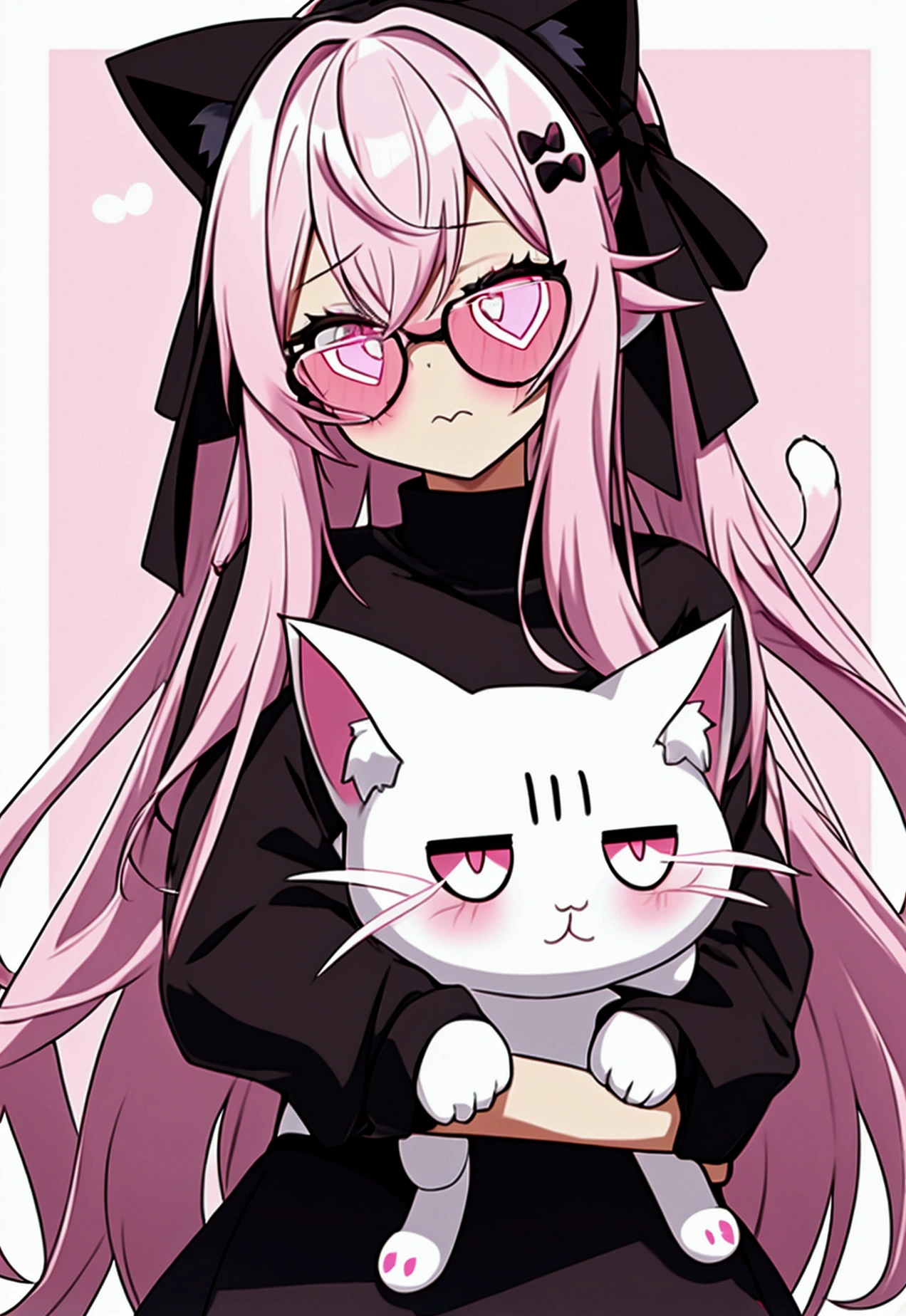 I have white pink hair, cat ears, a bow, my face is super blushing, black glasses, pink heart eyes, a big pink sweatshirt, a black skirt, black stockings, what&#39;s up, barefoot, a cat&#39;s tail, a girl very shy and I&#39;m hugging her dad