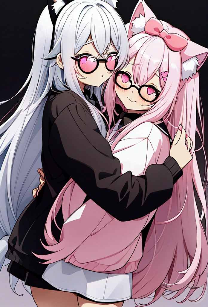 I have white pink hair, cat ears, a bow, my face is super blushing, black glasses, pink heart eyes, a big pink sweatshirt, a black skirt, black stockings, what's up, barefoot, a cat's tail, a girl very shy and I'm hugging her dad