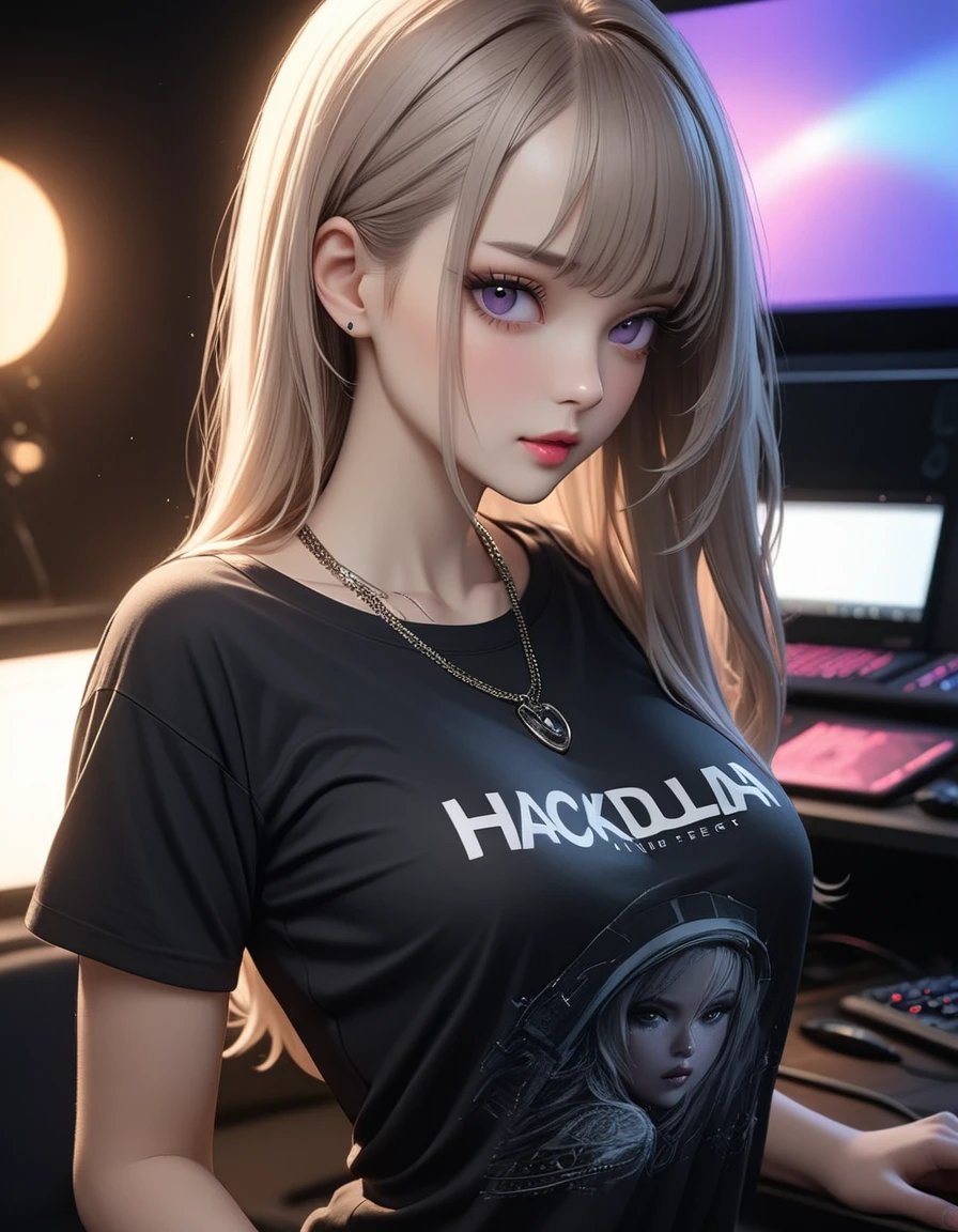 best quality, masterpiece, high resolution, A girl, platinum hair, purple eyes, fashion clothing, necklace, jewelry, Pretty Face, Perfect breasts, more than_Body, T-shirt back, Tyndall effect, lifelike, Dark Studio, Side lighting, Two-color lighting, (HD Skin:1.2), 8k , Soft Light, high quality, Volumetric Lighting, frank, high resolution, 8k, Bokeh,hort depth of field, hacker female, computer