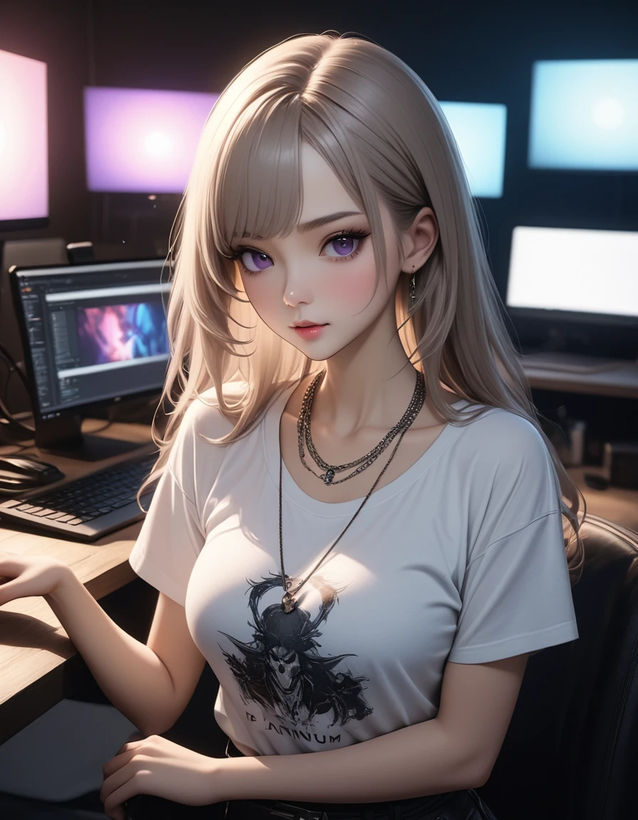 best quality, masterpiece, high resolution, A girl, platinum hair, purple eyes, fashion clothing, necklace, jewelry, Pretty Face, Perfect breasts, more than_Body, T-shirt back, Tyndall effect, lifelike, Dark Studio, Side lighting, Two-color lighting, (HD Skin:1.2), 8k , Soft Light, high quality, Volumetric Lighting, frank, high resolution, 8k, Bokeh,hort depth of field, hacker female, computer