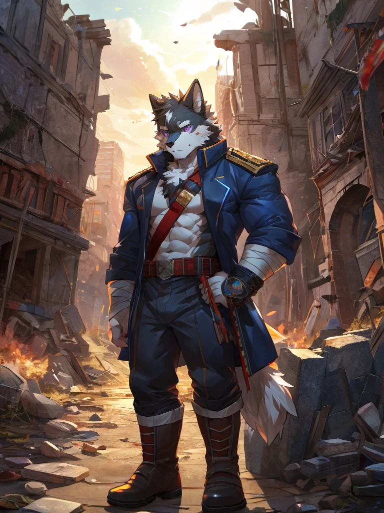 embedding:black wolf, male,purple eyes,Scar on the face, scar on the body,Single person,The end of the world,sit in the ruins,His leg was bandaged,A shabby uniform,Modern cities,A heavy expression,Serious expression, a little sad.Fleshy thighs,Thigh straps,With an iron bar in his hand,The highest quality of scene detail,adult,Tall and powerful,muscle,Best quality hands, best quality eye,detailed fur,Delicate eyes.Extreme picture quality,by sollyz,by zixiong,by milkytiger1145