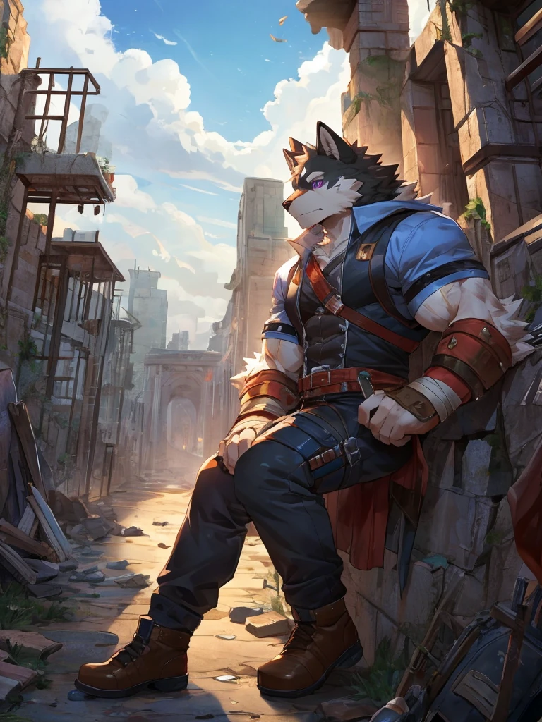 embedding:black wolf, male,purple eyes,Scar on the face, scar on the body,Single person,The end of the world,sit in the ruins,His leg was bandaged,A shabby uniform,Modern cities,A heavy expression,Serious expression, a little sad.Fleshy thighs,Thigh straps,With an iron bar in his hand,The highest quality of scene detail,adult,Tall and powerful,muscle,Best quality hands, best quality eye,detailed fur,Delicate eyes.Extreme picture quality,by sollyz,by zixiong,by milkytiger1145