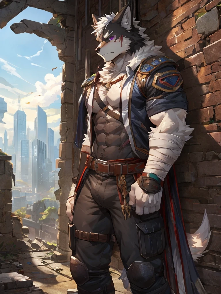 embedding:black wolf, male,purple eyes,Scar on the face, scar on the body,Single person,The end of the world,sit in the ruins,His leg was bandaged,A shabby uniform,Modern cities,A heavy expression,Serious expression, a little sad.Fleshy thighs,Thigh straps,With an iron bar in his hand,The highest quality of scene detail,adult,Tall and powerful,muscle，Best quality hands, best quality eye，detailed fur，Delicate eyes.Extreme picture quality，by sollyz,by zixiong,by milkytiger1145