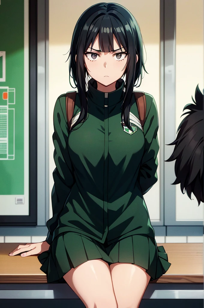 Screenshot of my hero academia.
Black hair girl with long green, He has gray eyes and has a serious expression. She is wearing the UA uniform and in the background she has a UA school class and she is sitting at a table 