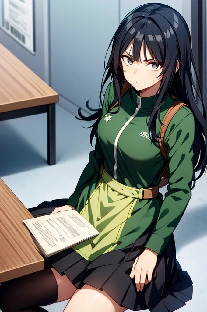 Screenshot of my hero academia.
Black hair girl with long green, He has gray eyes and has a serious expression. She is wearing the UA uniform and in the background she has a UA school class and she is sitting at a table 