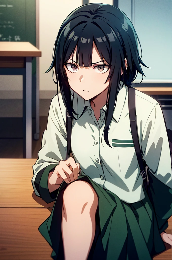 Screenshot of my hero academia.
Black hair girl with long green, He has gray eyes and has a serious expression. She is wearing the UA uniform and in the background she has a UA school class and she is sitting at a table 