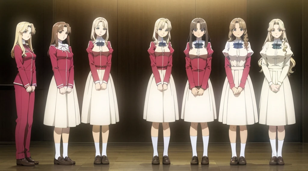Masterpiece, high quality, multiple girls, group, identical sisters, blonde hair, brown hair, curly hair, (brown haired sisters, blonde sisters, many sisters, matching hairstyles, different hair colors), hazel eyes, medium sized bust, ((matching outfits, school uniforms)), smile, flat_color, same height, group pose, backs against each other, sister picture
