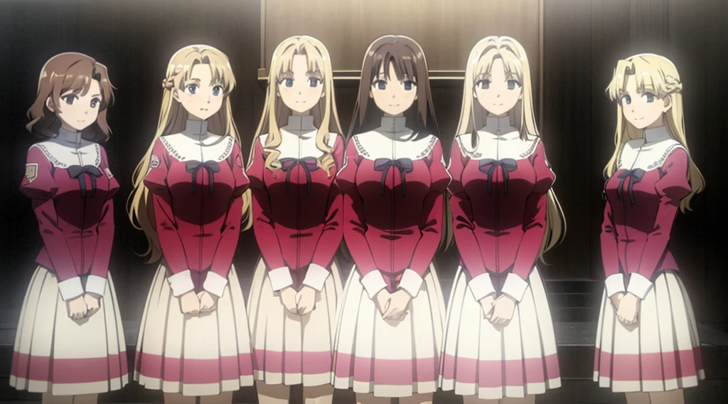 Masterpiece, high quality, multiple girls, group, identical sisters, blonde hair, brown hair, curly hair, (brown haired sisters, blonde sisters, many sisters, matching hairstyles, different hair colors), hazel eyes, medium sized bust, ((matching outfits, school uniforms)), smile, flat_color, same height, group pose, backs against each other, sister picture