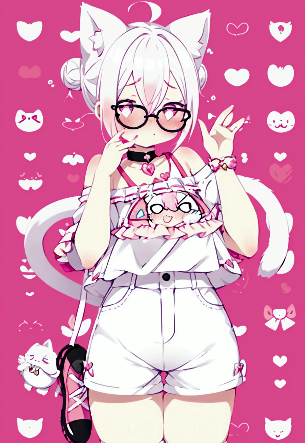 I have white pink hair, cat ears, a bun, my face is super blushing, black glasses, pink heart eyes, a blouse that reaches the shoulders, short jean shorts, white tennis shoes, a cat&#39;s tail, a very shy girl winking while blowing a kiss with one hand